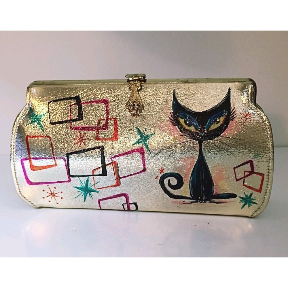 1950 Hand Painted Atomic Cat Clutch OOAK Vintage Gold Rhinestone Statement clasp